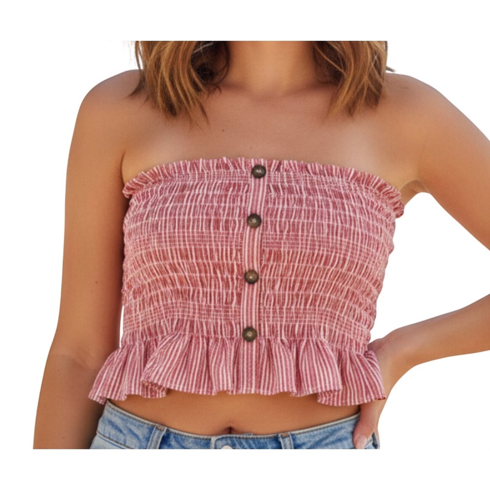 NWT SHE + SKY Stretch SMOCKED Red STRIPES Ruffle STRAPLESS Pullover TUBE TOP L